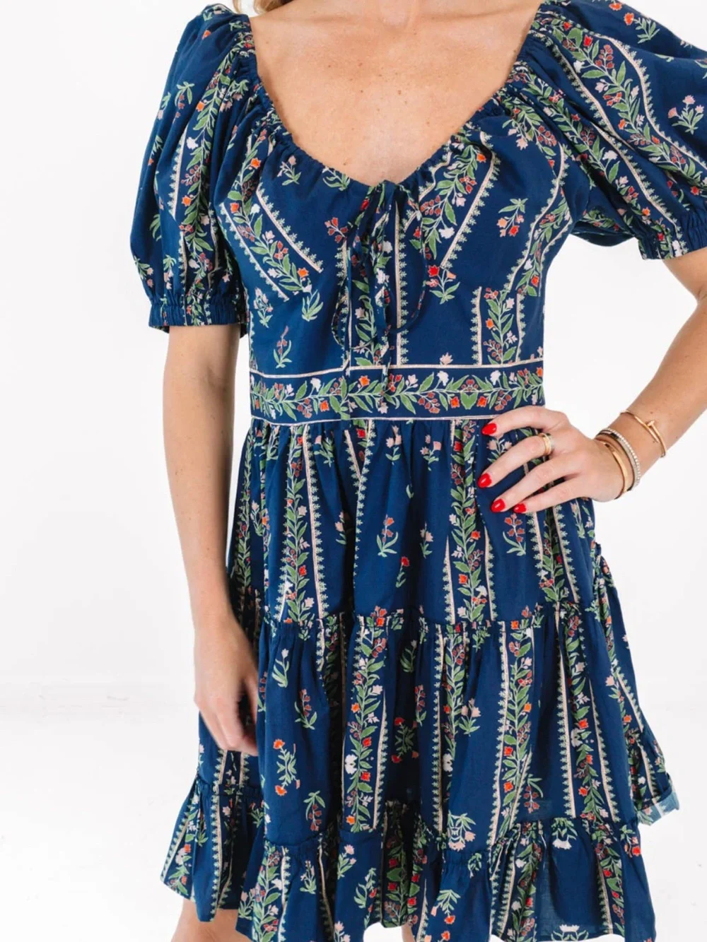 Pinch Boutique Navy Blue Floral Tiered Mini Dress Large NWT 100% Cotton Feminine - Picture 2 of 9
